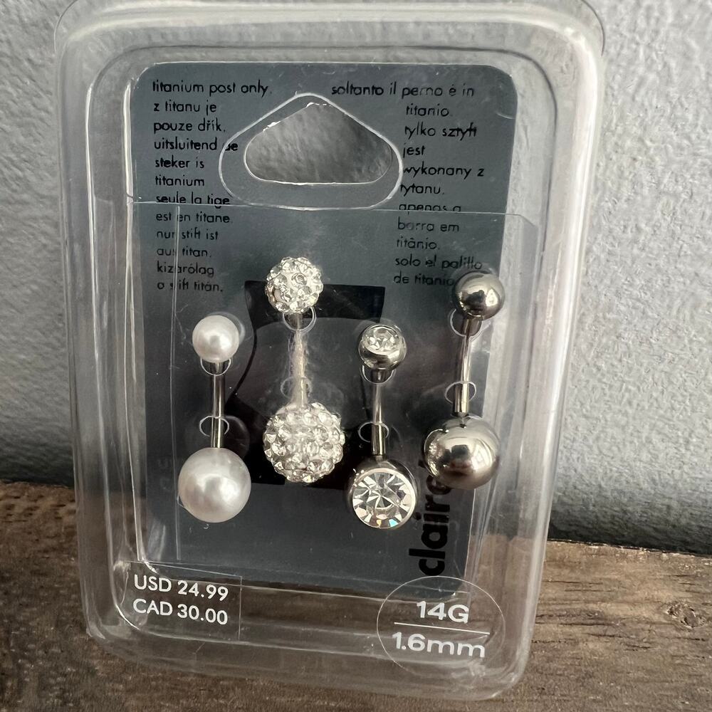 New Claire's Silver Jewel and Pearl Titanium Belly Button Ring Set 14G 1.6 mm